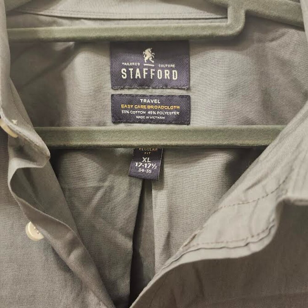 Stafford Shirt Men's 17 - 17 1/2 Long Grey Sleeve Button-Up Travel Easy Care - Picture 2 of 3